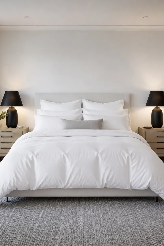 White bed with crisp pillows and black lamps on nightstands