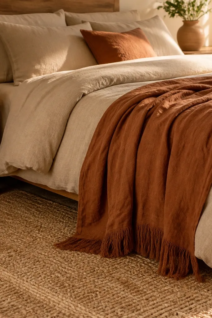 Terracotta throw on a neutral bed with beige textured rug