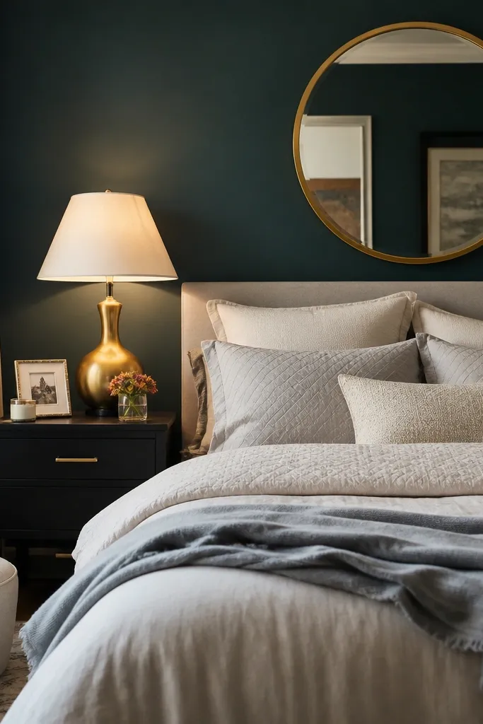 Dark teal walls, gold accents, and a bed with neutral bedding
