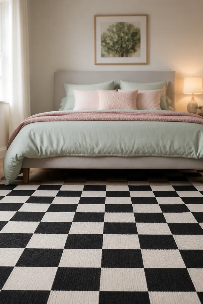 Black and white checker rug with pastel pillows on a light bed