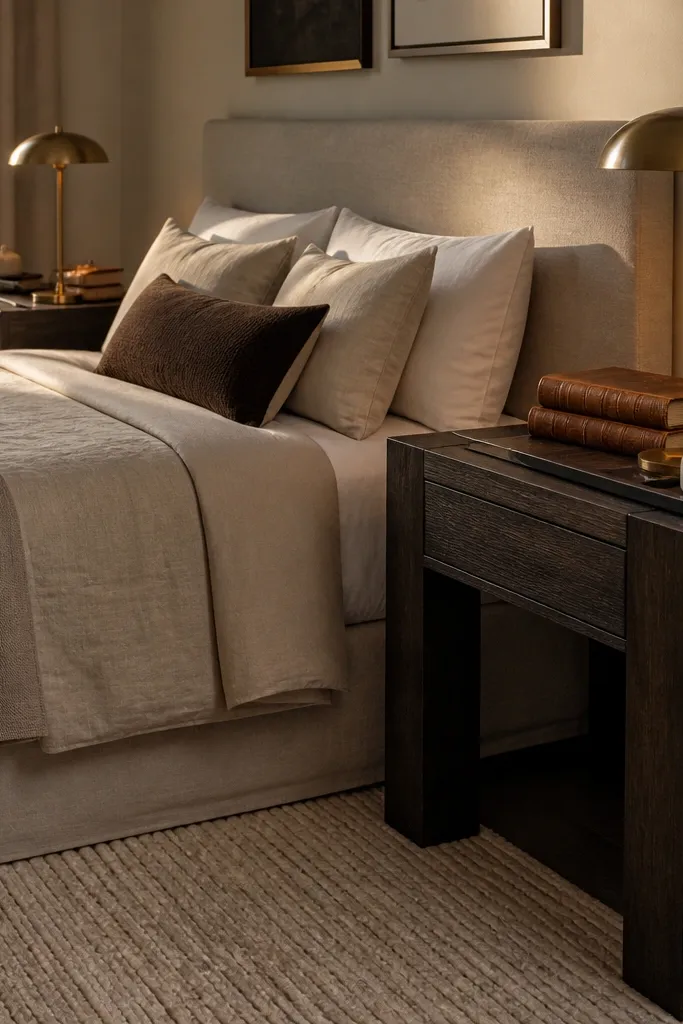 Bed with neutral bedding and dark wood nightstands styled like a desk