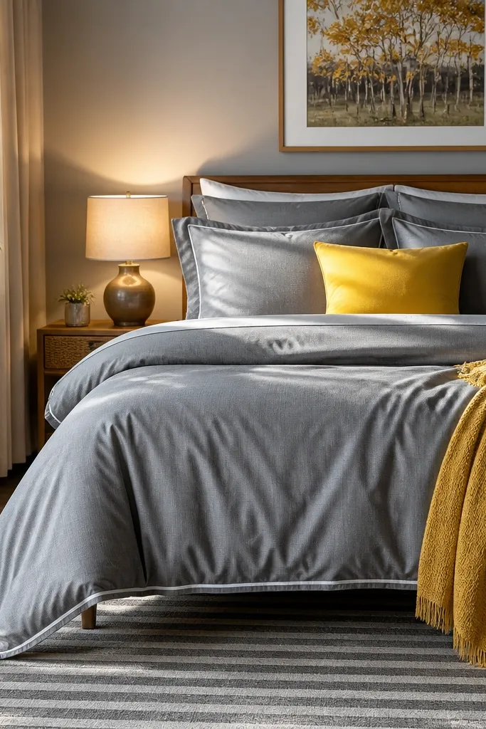 Gray bed with a yellow throw and a bright accent lamp