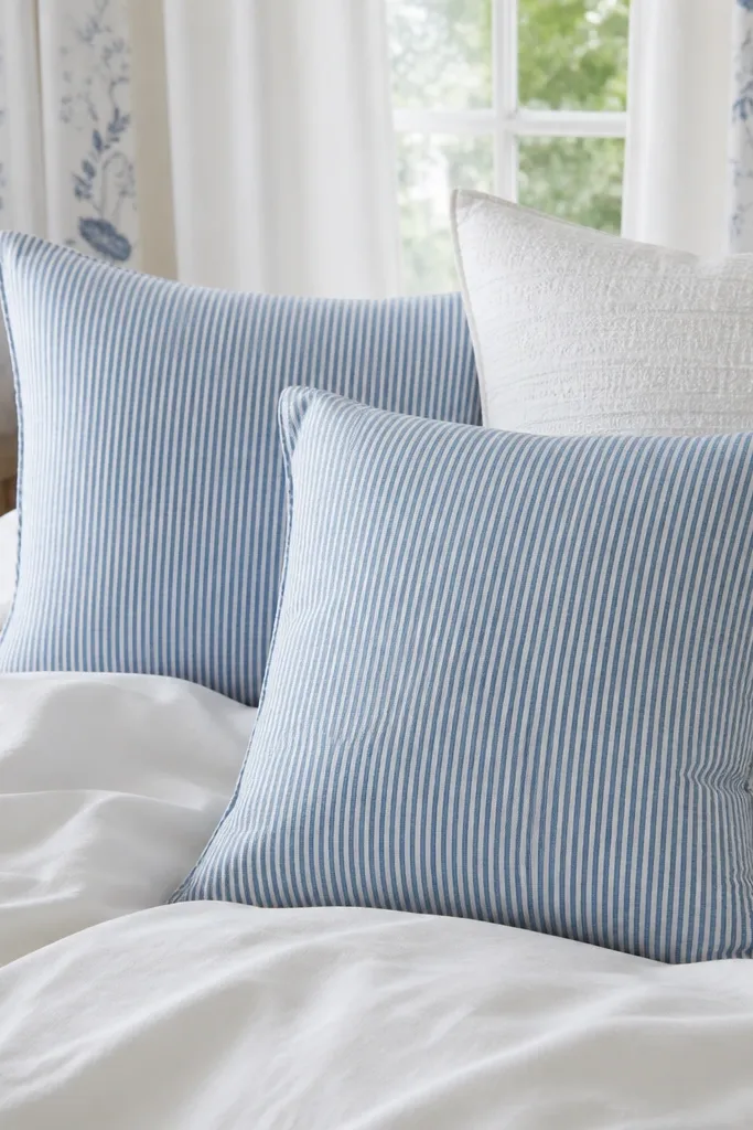 White cottage-style bed with light blue stripe pillows and curtains