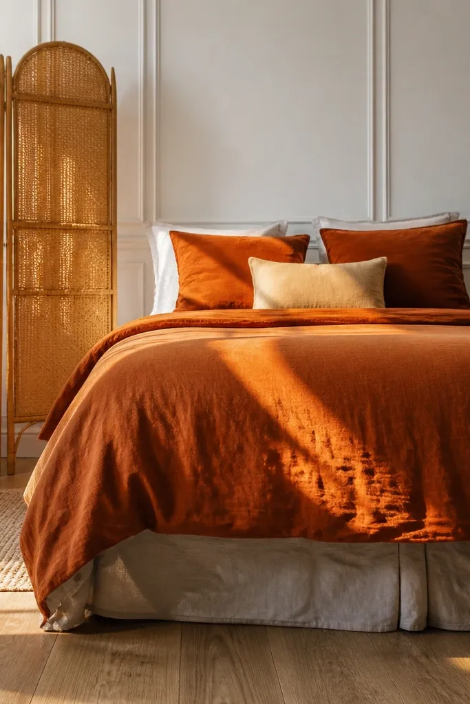 Orange bedding in a nook with white wall paneling and a rattan room divider