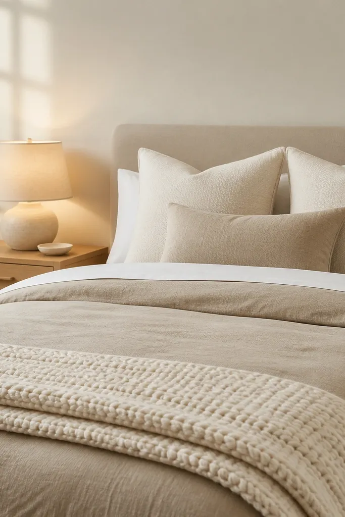 A bed dressed with a warm oat duvet, crisp white percale sheets peeking at the edges, and a cream chunky knit throw folded at the foot. Two square pillows in off-white sit behind a smaller lumbar pillow in oat. A single bedside lamp with a light beige fabric shade glows on a light wood nightstand.