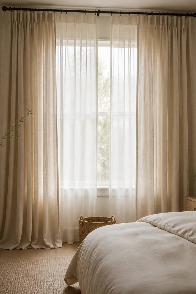 A bedroom window covered with floor-length warm white linen curtains that touch the floor with a soft break. The curtain rod is mounted high near the ceiling. Behind the curtain is a sheer panel. The bed sits to the side with neutral bedding, and a small woven basket sits under the window sill.