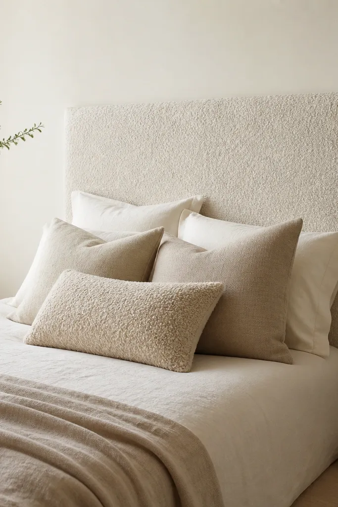 A bed against a wall with no traditional headboard. Instead, there is a tall, rectangular boucle cushion panel leaning behind the pillows. The pillows are in cream and beige, with one textured boucle lumbar pillow. The wall has a soft warm white paint and a small framed print sits low beside the bed.