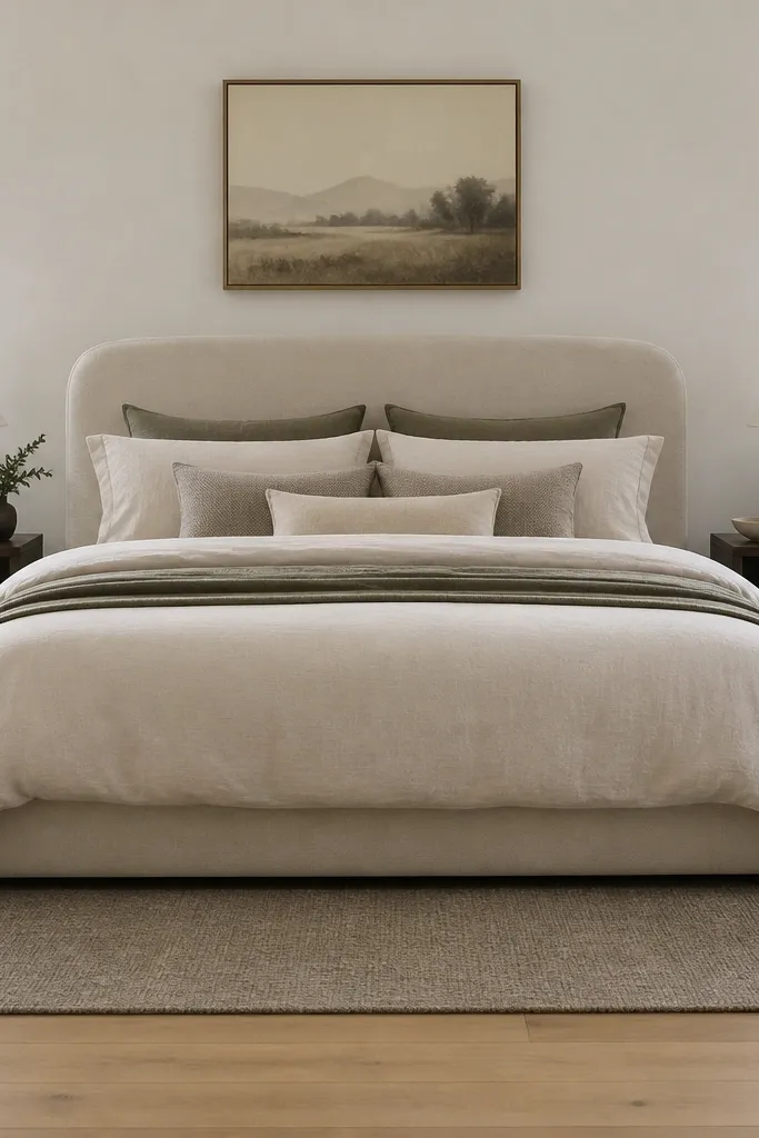A warm gray rug with a low pile sits under the bed, with the bed centered and the rug edges visible on both sides. The rug has a subtle tonal pattern like a tight loop texture. A white bedside rug pad is not visible, but the rug lays flat and smooth.