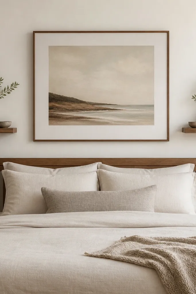 A bed with a simple frame. Above it, there is one large framed print centered, and slightly lower on each side are two small floating shelves with matching ceramic vases. The wall color is warm white, and the shelves hold only two items each.