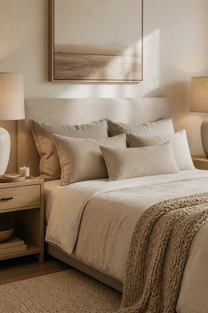 Two identical bedside lamps with beige fabric shades sit on matching light wood nightstands. Each nightstand has a single ceramic tray holding a phone charger and a small candle. The bed has neutral bedding and a knit throw.