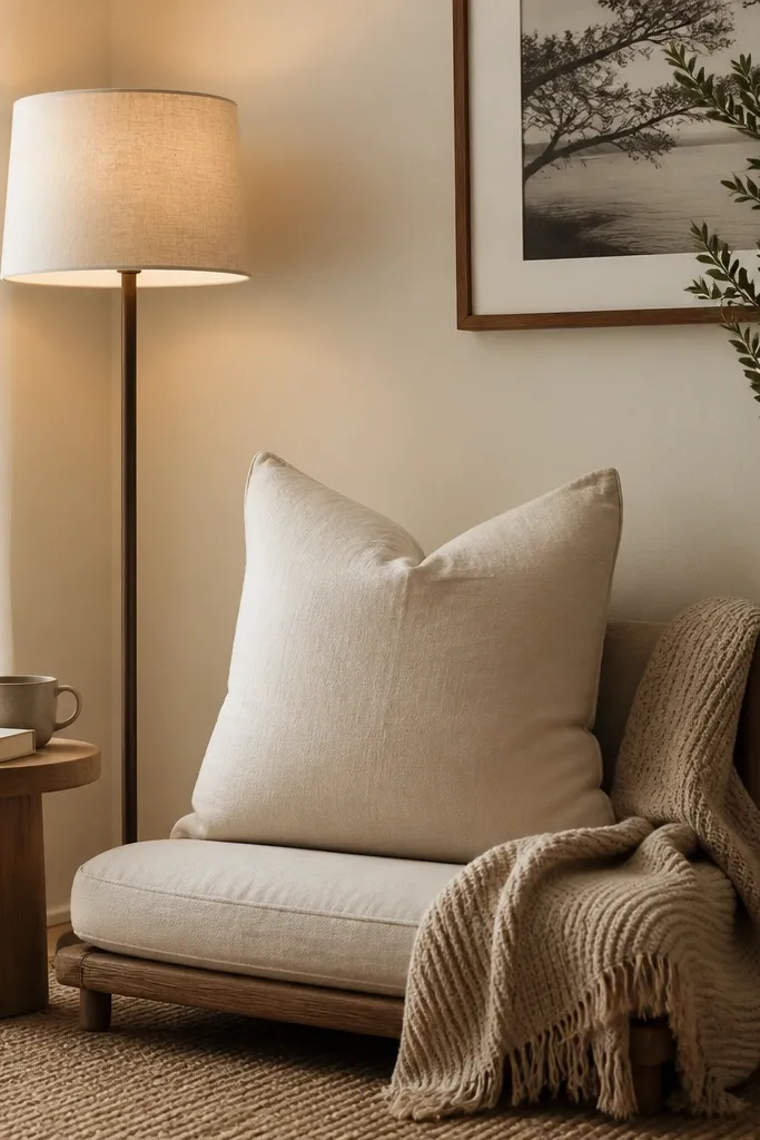 A reading corner with a low chair or floor cushion. One oversized square pillow in cream sits against the wall on a small chair. A knit throw is draped over the chair arm. A standing floor lamp with a linen shade is placed next to a small side table holding one ceramic mug and a book.