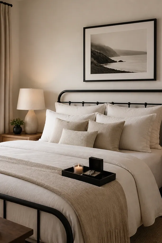 A bedroom with warm white bedding and oat curtains. A matte black metal bed frame or black picture frame hangs on the wall. The bedside lamps have beige shades, and a black tray holds a candle and a small watch box.