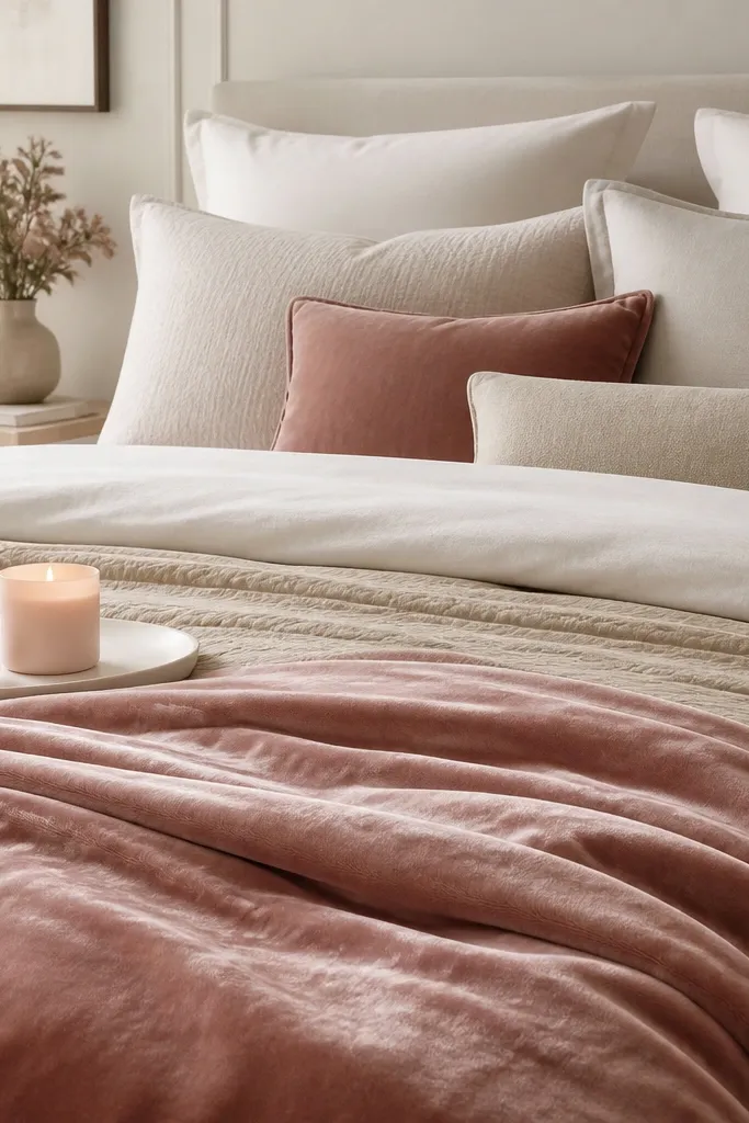 A bed with white and oat bedding. At the foot is a dusty rose velvet throw with visible pile catching light. The pillows are mostly cream and beige with one small rose accent pillow. A soft blush candle sits on a white ceramic tray.