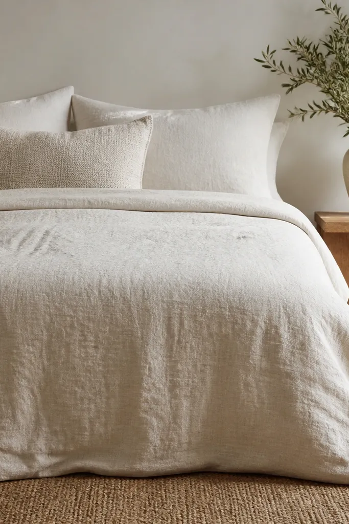 A bed dressed in a light cream linen quilt with visible slubs and a slightly wrinkled, natural texture. The quilt is neatly spread over the duvet. The pillows are in off-white linen and one in textured cotton. The bed skirt is minimal or absent.