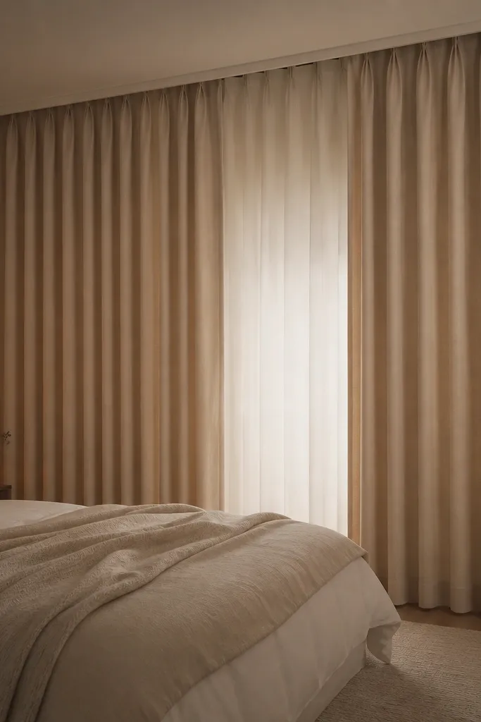 A window with layered curtains: a white sheer panel on the inside and oat blackout curtains on the outside. The oat panels are fully closed at the time of the photo, and the white sheer still glows faintly. The bed is nearby with neutral bedding and a warm lamp.
