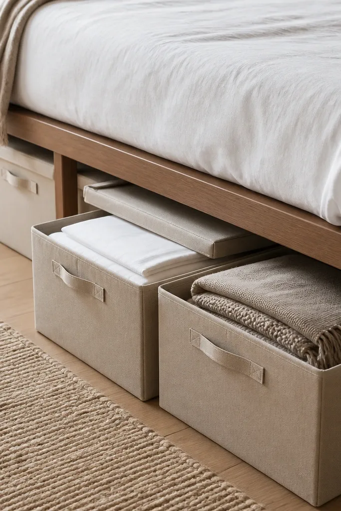 Under a low bed, there are matching beige fabric bins with lids. The bins are aligned in a row on the left and right of the bed frame. A simple white sheet or duvet is stacked neatly in one bin, and another bin holds extra throw blankets.