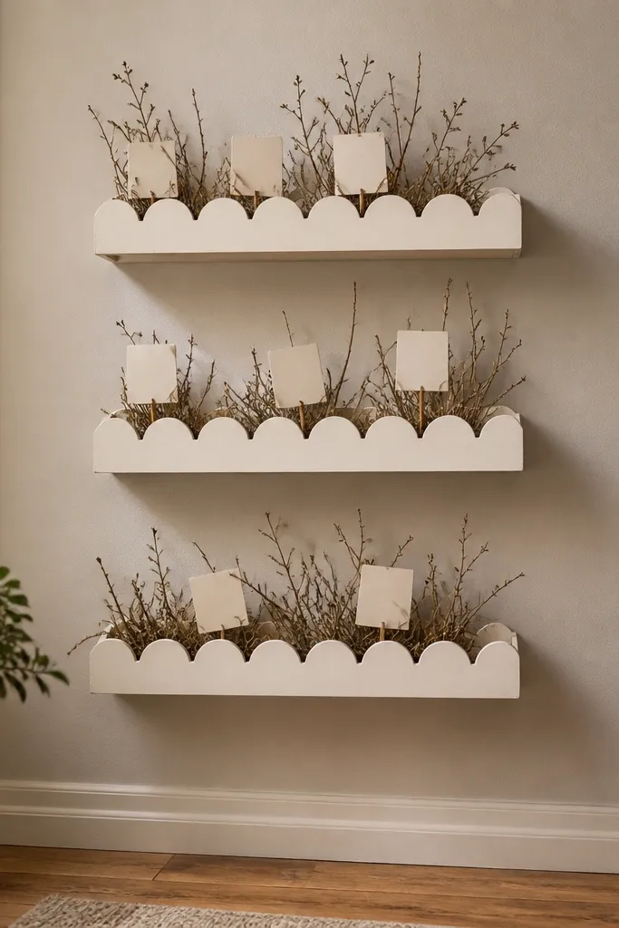 Cream scalloped wall trays holding faux greenery and small paper labels