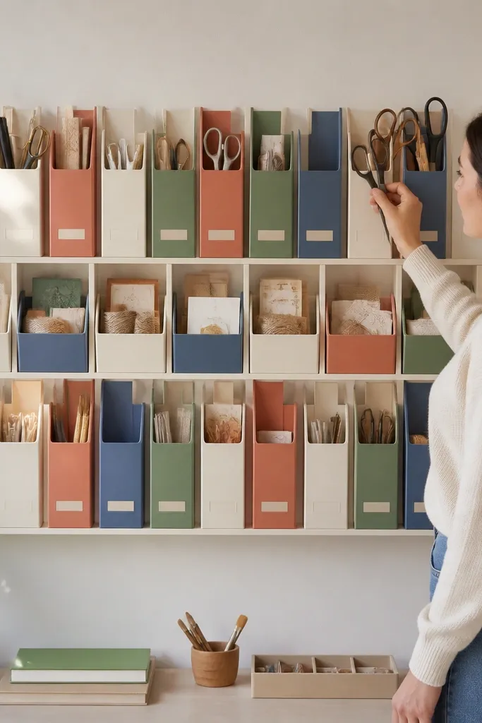 Color-block book-spine style paper organizers on a wall with tool labels