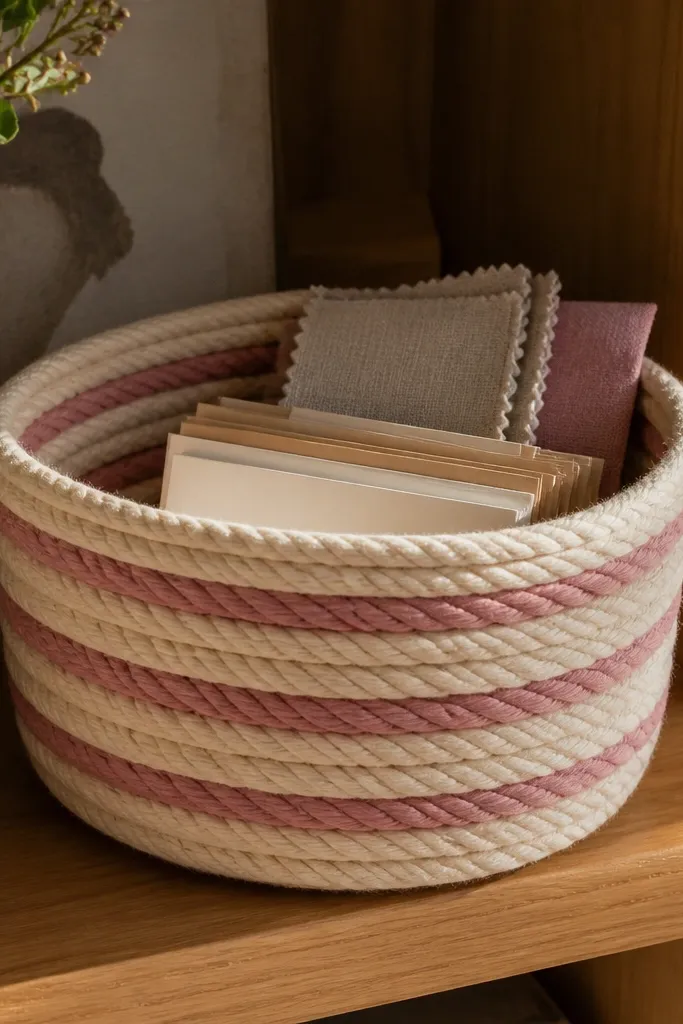 Handmade coiled paper rope basket with red and cream stripes on a craft shelf
