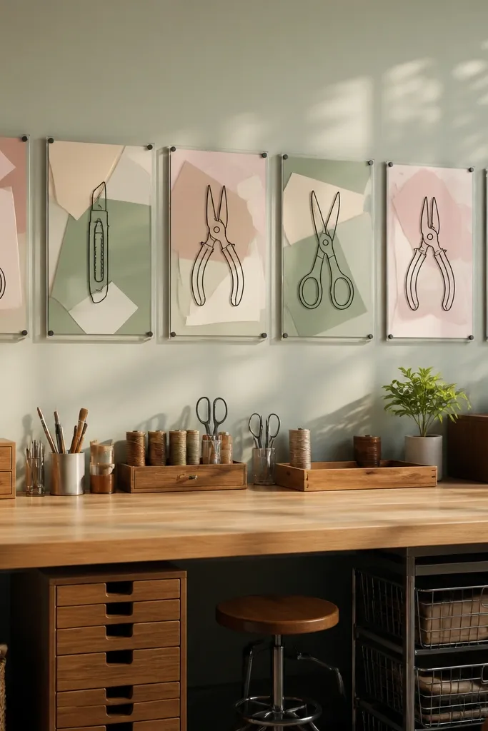 Small paper-framed tool labels with clear backing on a craft wall