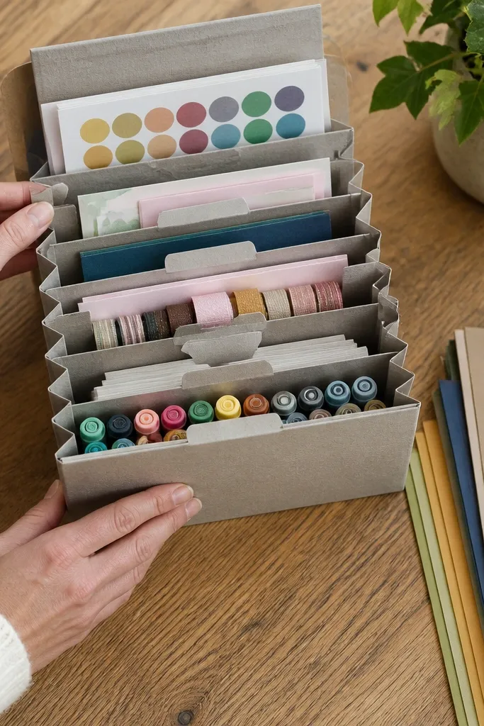 Accordion paper organizer with tabs for craft supplies on a desk
