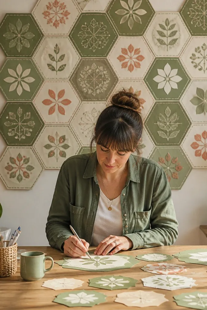 Hexagon paper quilt wall hanging with stitched-look lines and fabric-like patterns