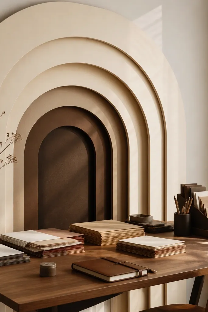 Layered paper arches in cream and black behind a craft desk corner