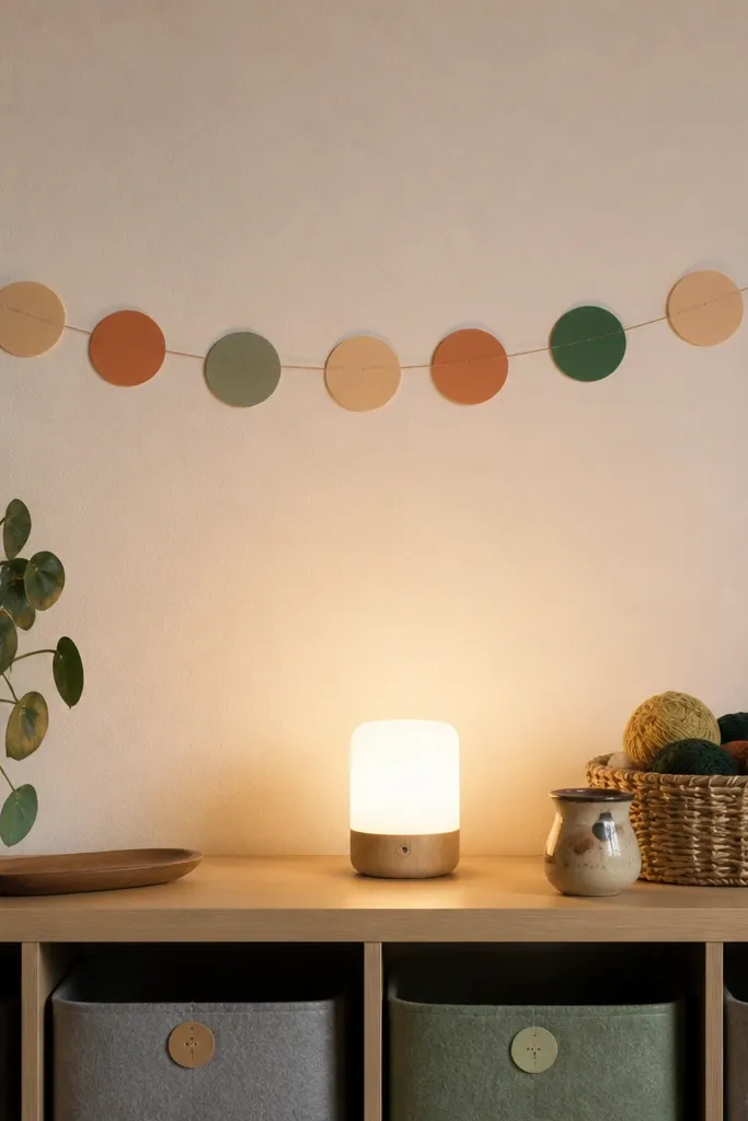 Paper circle garland strung across a wall with warm neutral tones