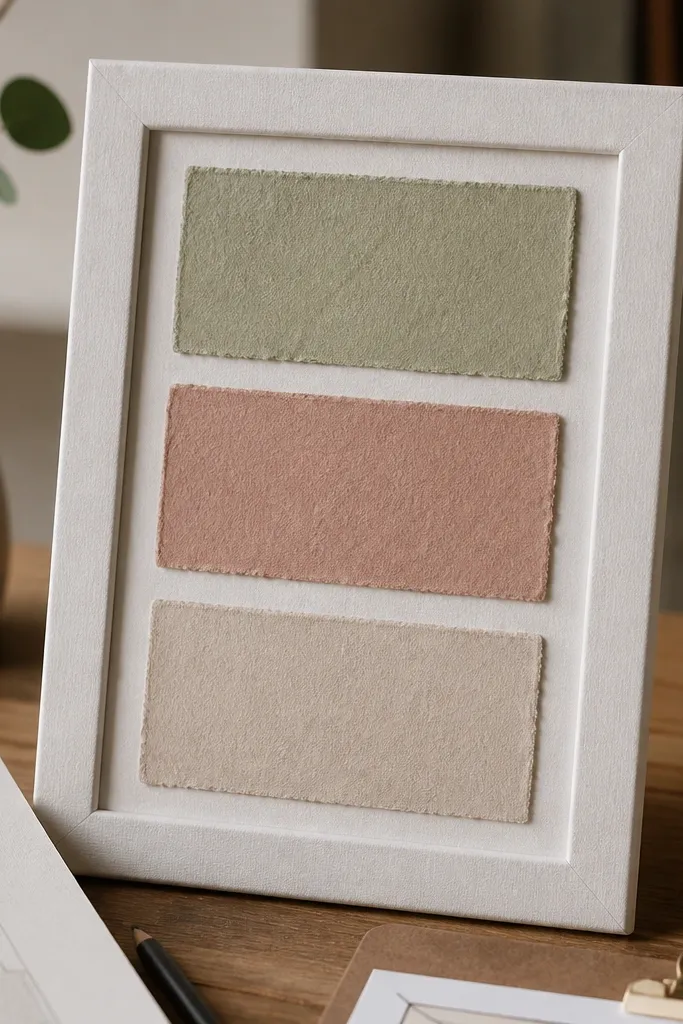 Small frame board covered in paper swatches and color labels