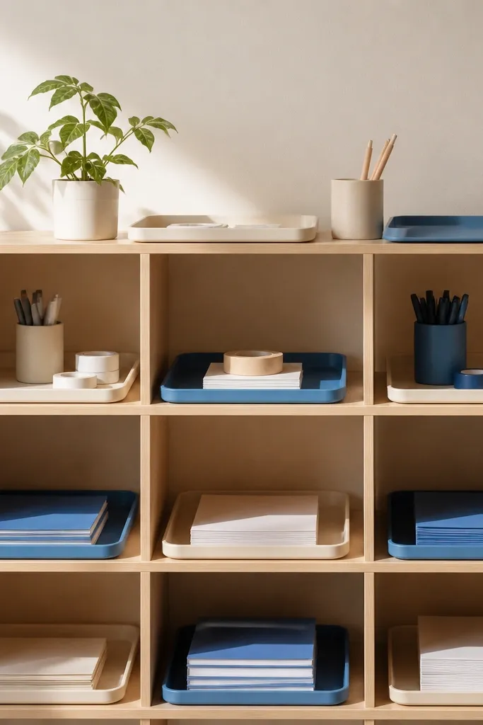Open shelf lined with custom paper trays in coordinated colors
