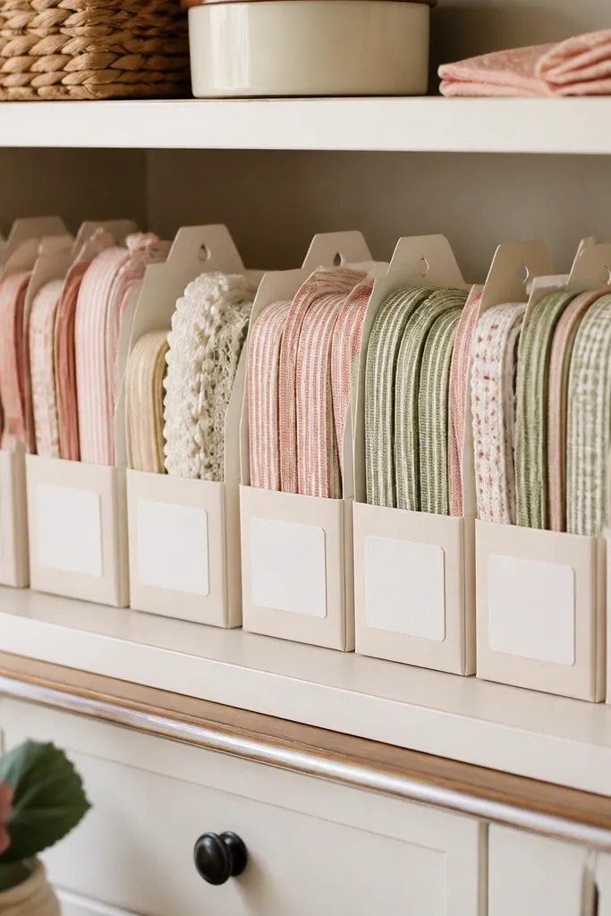 Ribbon rolls in paper bands labeled and stacked neatly on a shelf