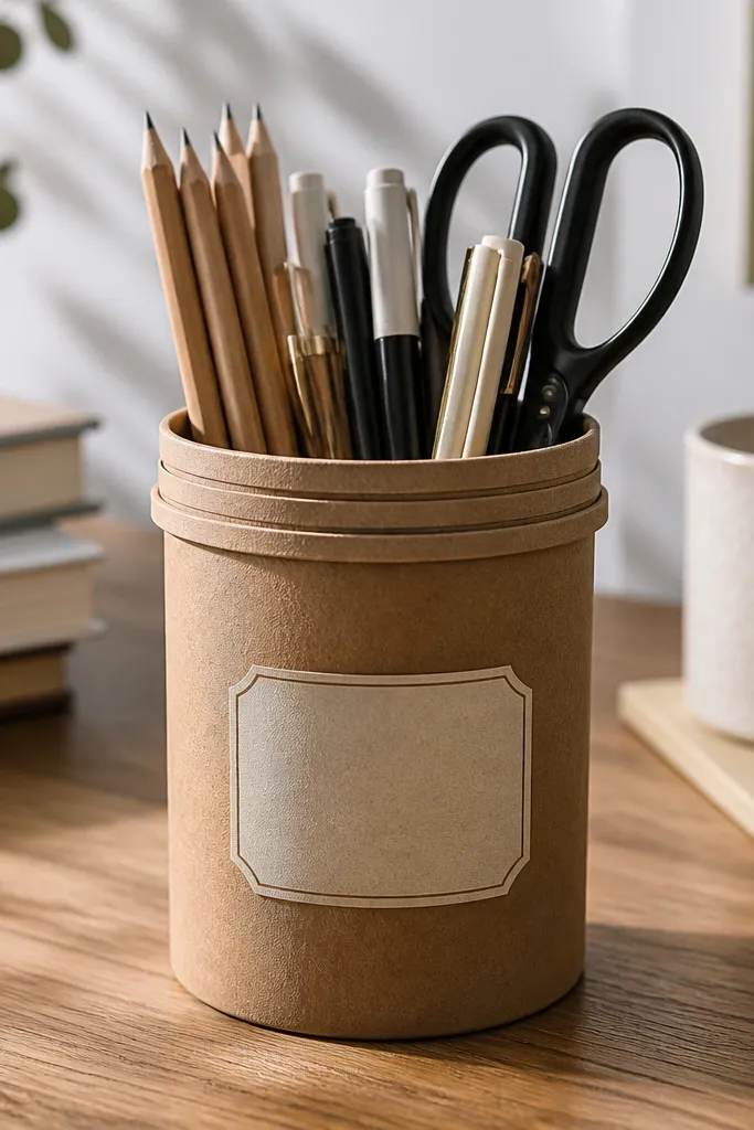 Mason-jar look paper organizer holding pens on a desk
