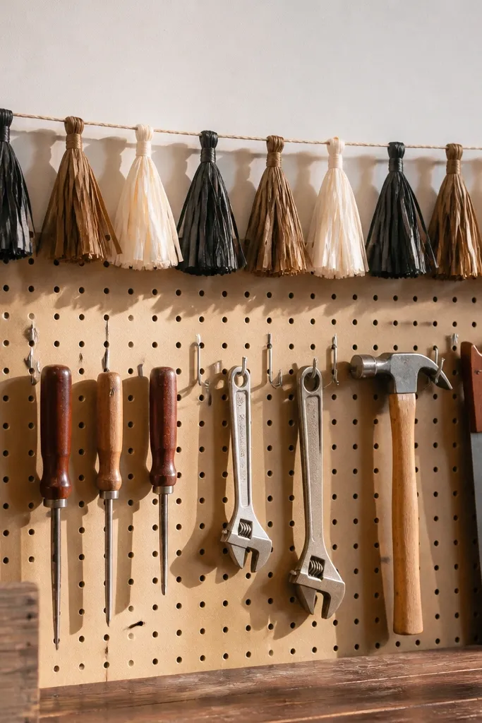 Small paper tassels hanging along a pegboard border in warm neutral colors