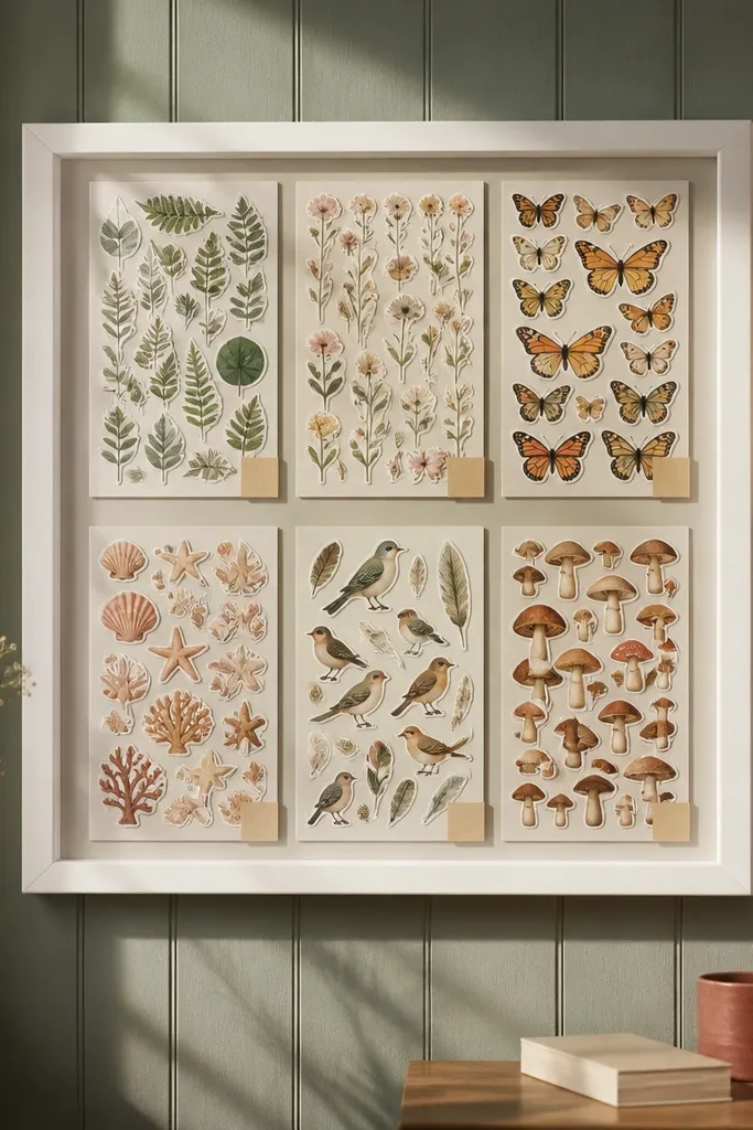 Shadow-box style paper frame displaying neatly arranged sticker sheets with labels