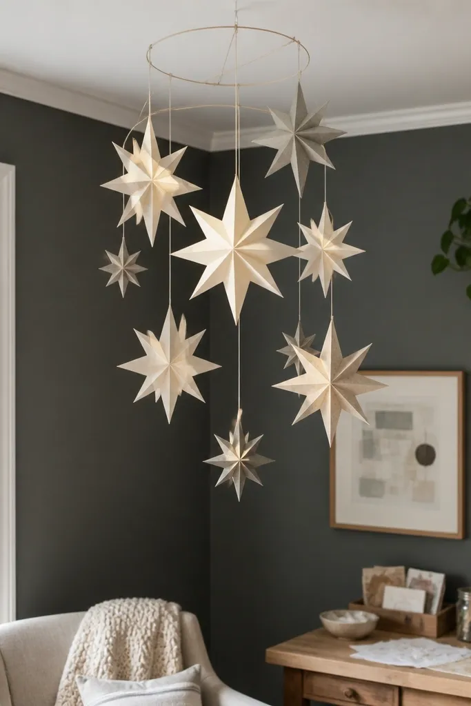 Paper star mobile hanging in a ceiling corner with soft neutral tones