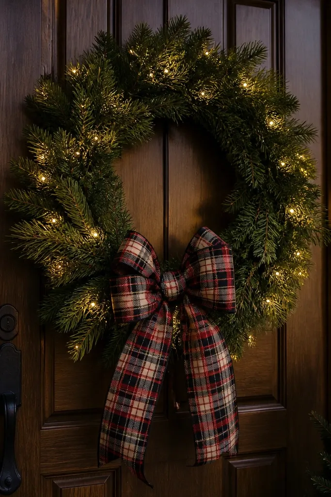 Green wreath on a front door with warm lights and red plaid ribbon loops