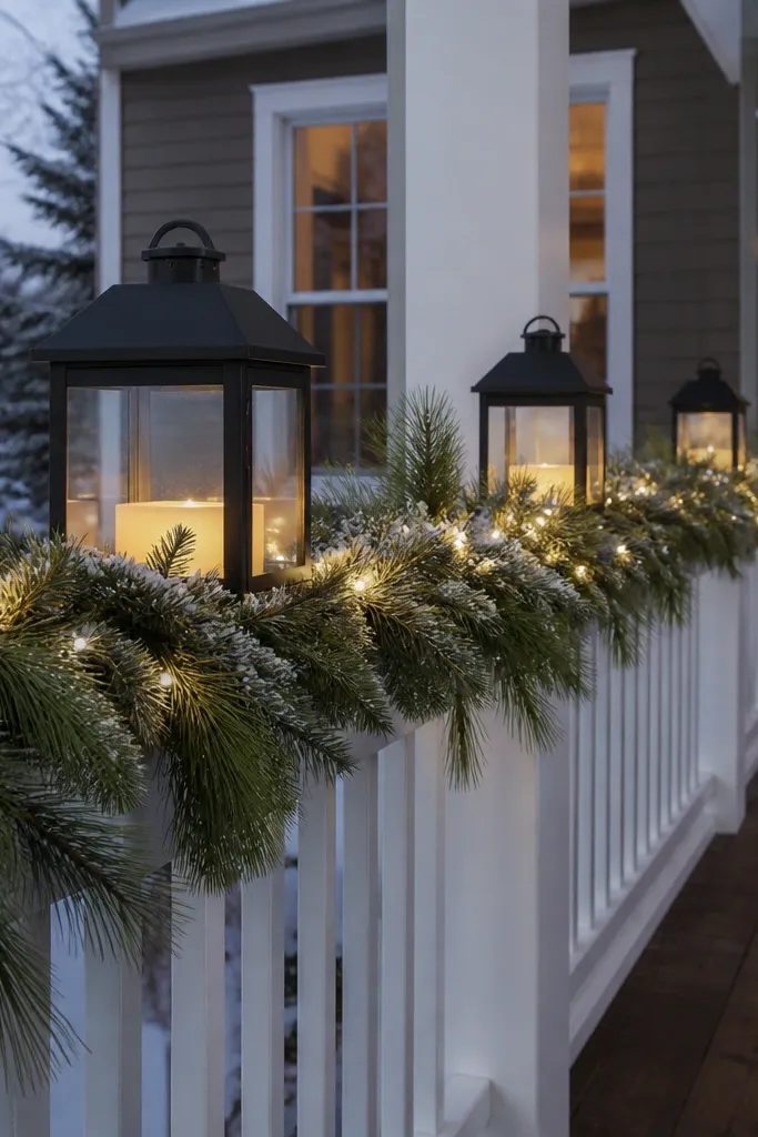 Green garland along porch railing with warm lights and two black lanterns