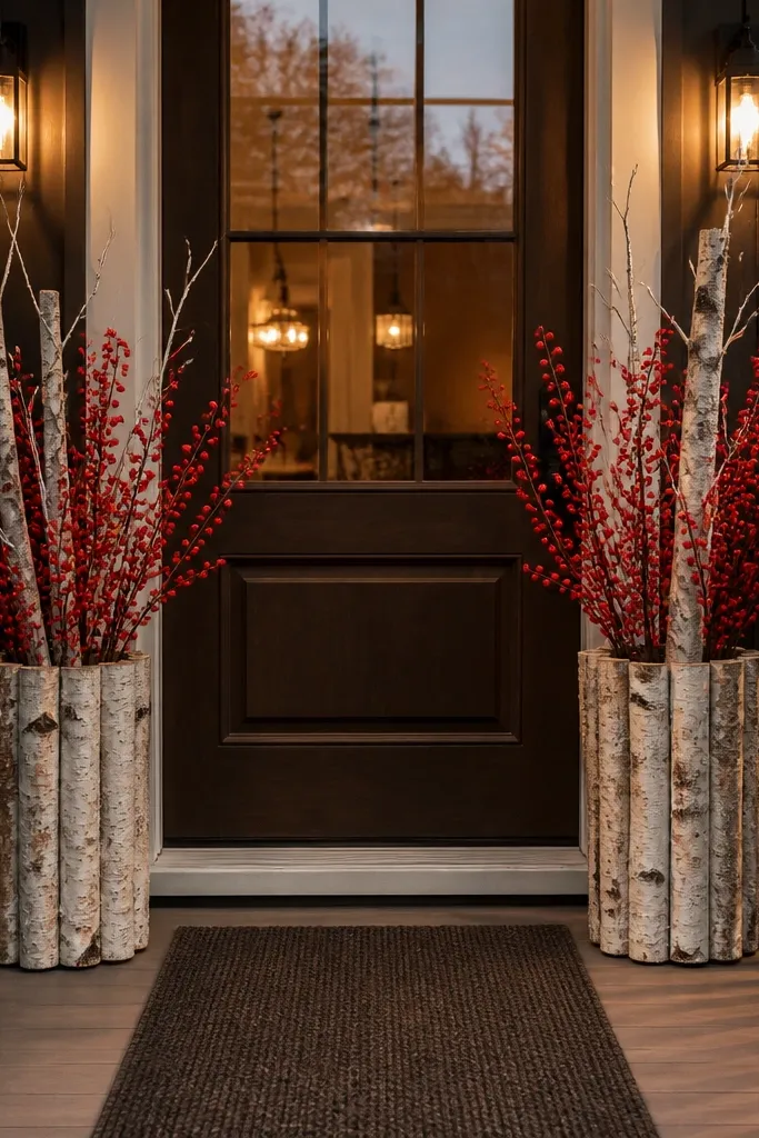 Two planter stands with birch logs, red berry stems, and a long striped Christmas doormat