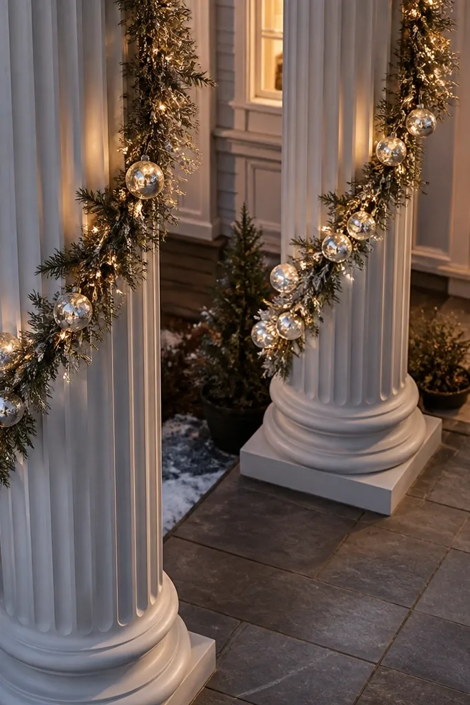 Silver mercury glass ornament garland draped over porch column with warm lights