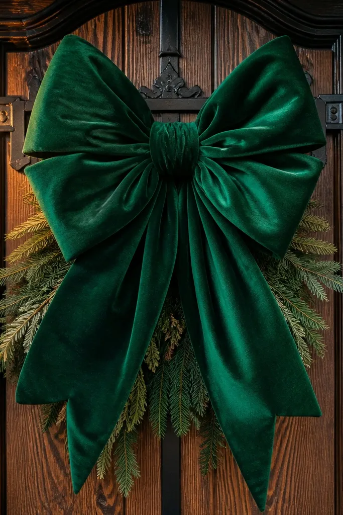 Large velvet bow on the front door with matte black accents and evergreen greenery
