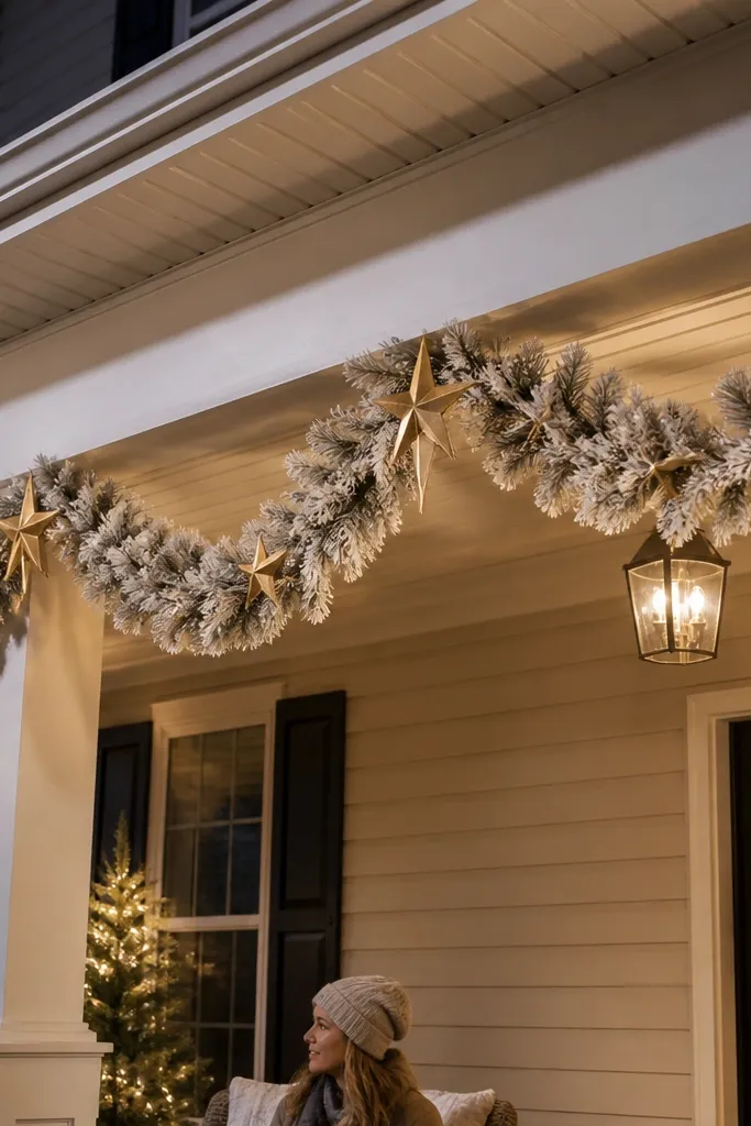 Whitewashed faux pine swag with gold star picks across a porch beam
