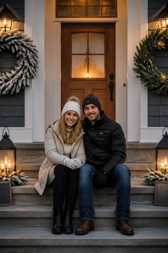 Two wreaths on porch steps with matching small signs and warm lights