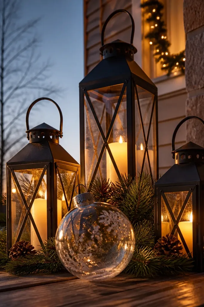 Floor lantern cluster with pine garland and one large ornament near the entry
