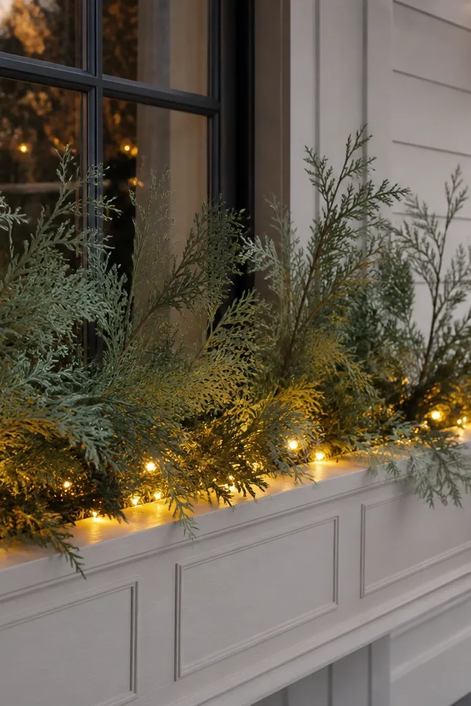 Planters filled with cedar stems and warm-white beads by the front door