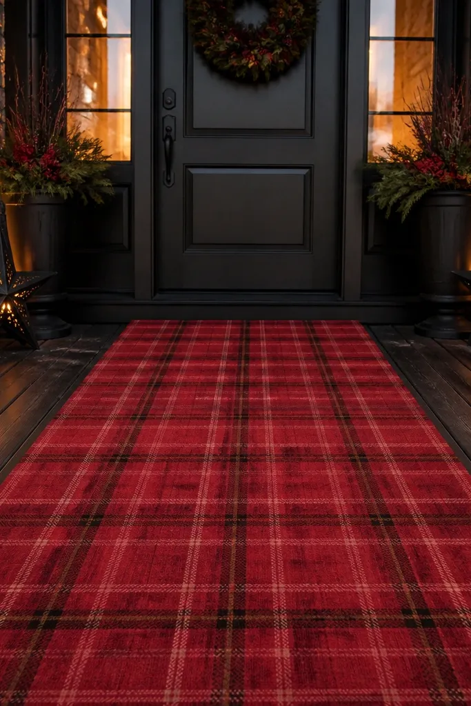 Red plaid runner doormat with black lanterns shaped like stars and warm lights