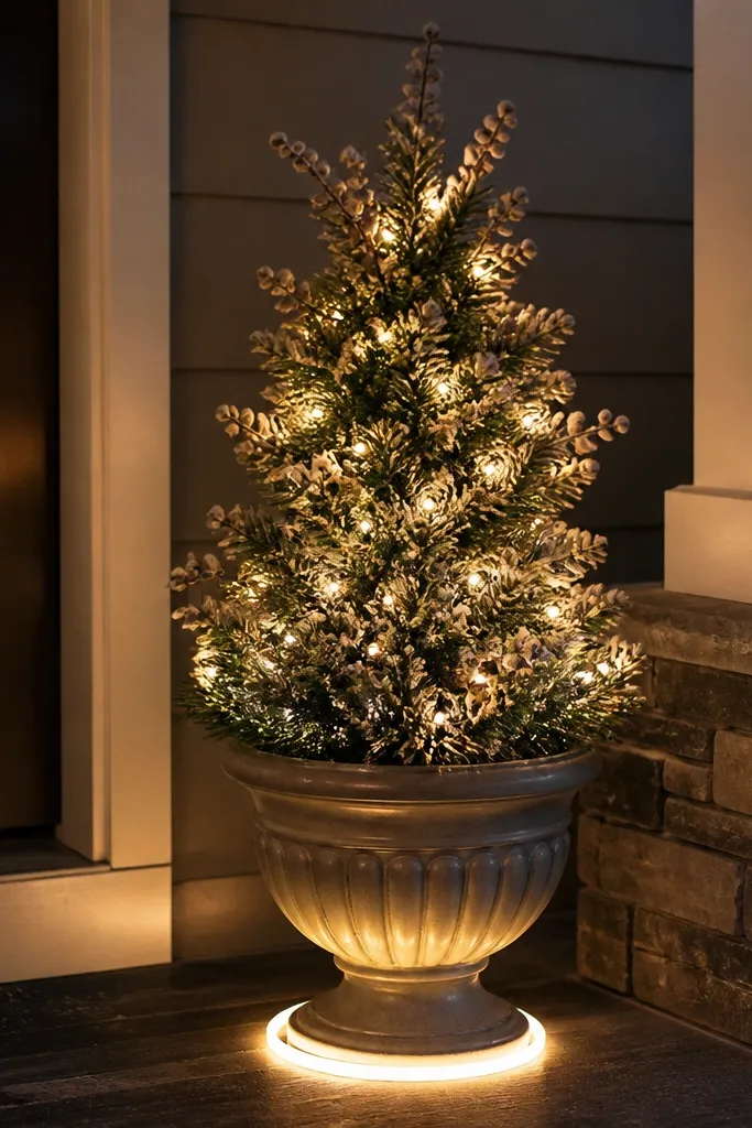 Small frosted pine mini tree with frosted berries and a warm-lit base ring by the door