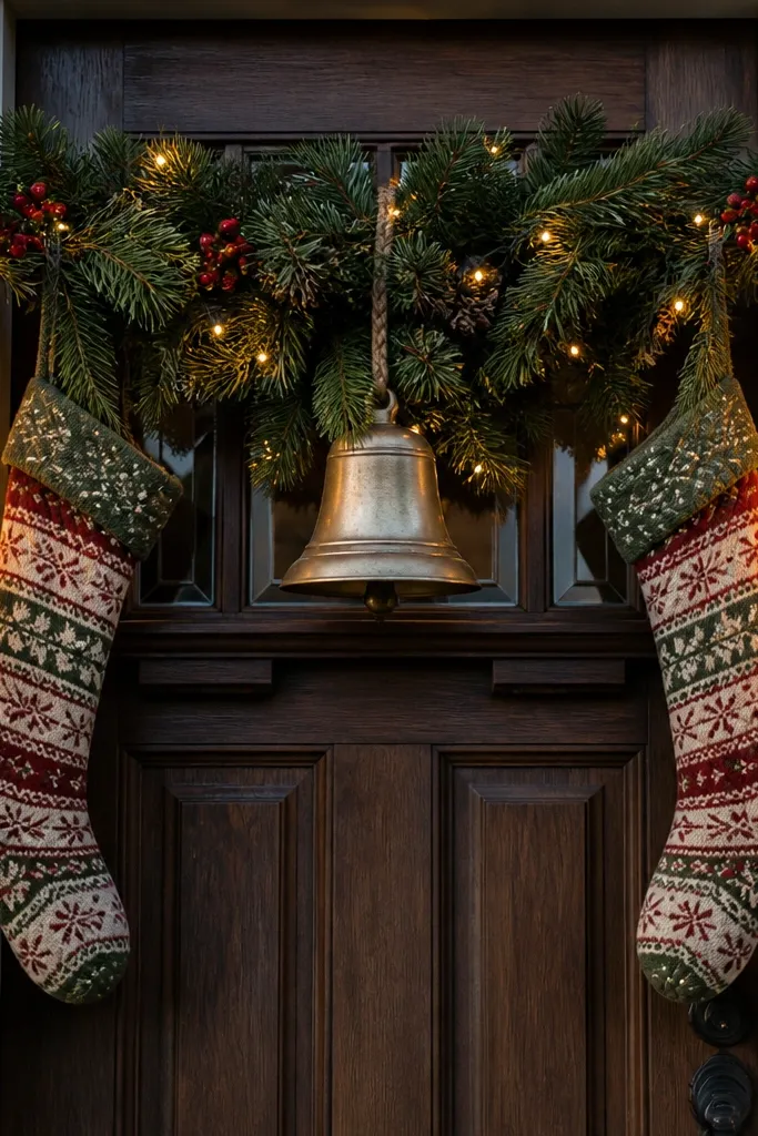 Evergreen swag above the door with two hanging stockings and a brass bell ornament