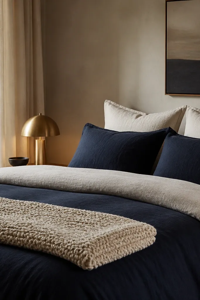 A bed styled with a deep ink navy duvet cover, crisp cream linen duvet top layer, and two sizes of pillows: cream euro shams and navy standard pillows. A thick cream knit throw sits folded at the foot, and a low-profile brass table lamp glows beside the bed.