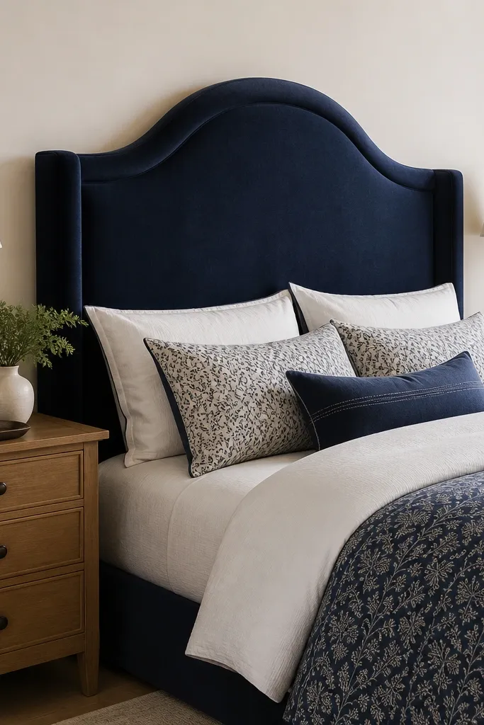 A bedroom corner showing a tall navy velvet headboard with a curved top edge. Two warm oak nightstands sit on either side, each with a small tray and a brass base lamp. The bedding is white and navy with a subtle pattern, and the wall behind is a muted off-white.