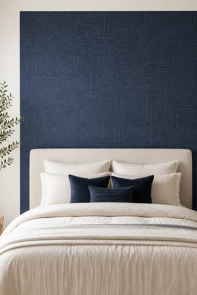 A removable navy wallpaper strip forms a rectangle behind the bed, with a subtle geometric or linen-like pattern. The bed has cream bedding and navy throw pillows. The rest of the wall is a light warm white, and the panel looks crisp with straight edges.